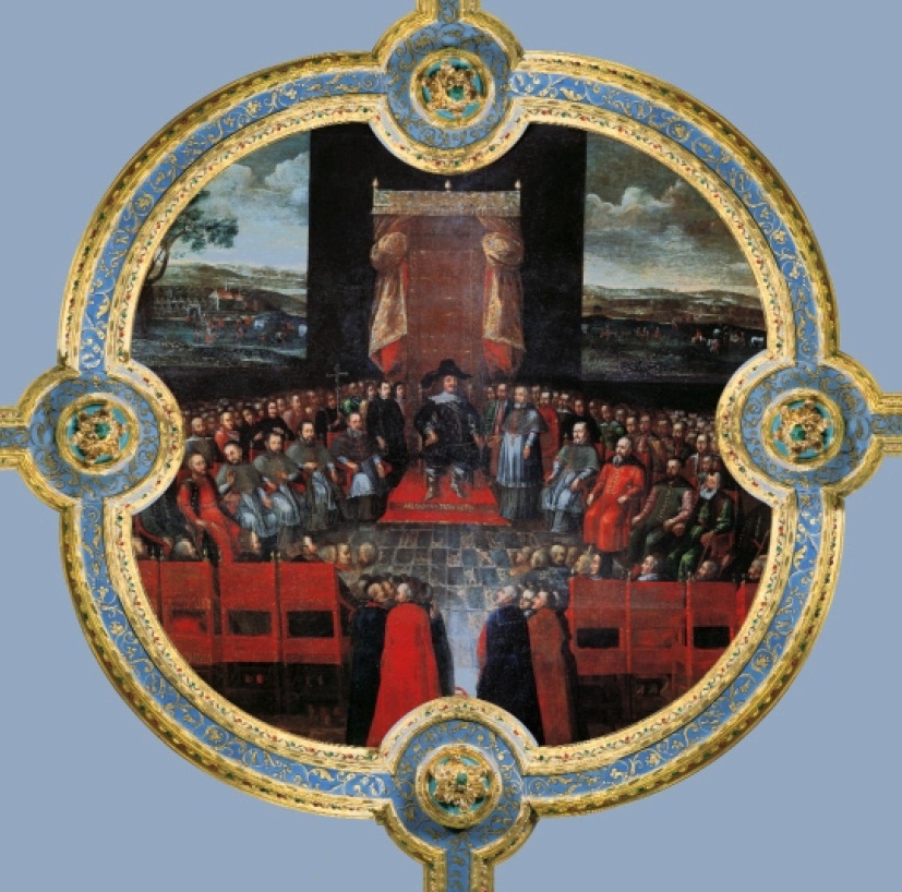 Workshop of Tommaso Dolabella, “Trial of the Arians 1638” — historical painting depicting the condemnation of the Polish Brethren by the Sejm, with city and church scenery