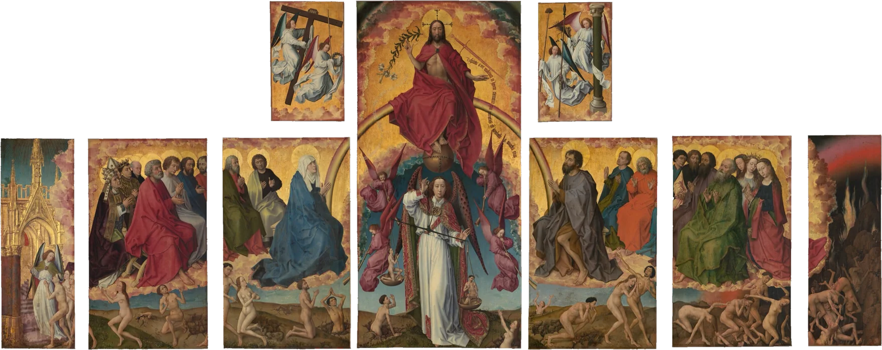 Rogier van der Weyden, Last Judgement altarpiece of Beaune: in the centre Christ as judge above the archangel Michael with the scales for weighing souls, on the left the blessed, on the right the damned.