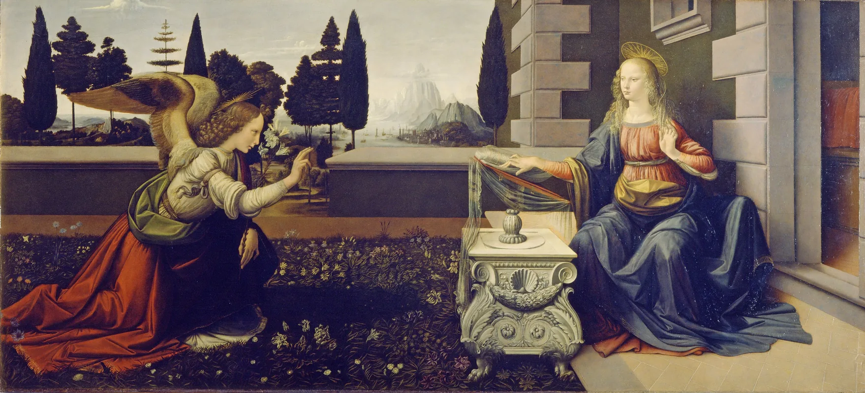 Leonardo da Vinci, Annunciation: on the left the angel Gabriel kneels with a lily in a flowering garden; on the right Mary sits at a lectern in front of a palace; behind them a landscape with trees, mountains and a harbour town.