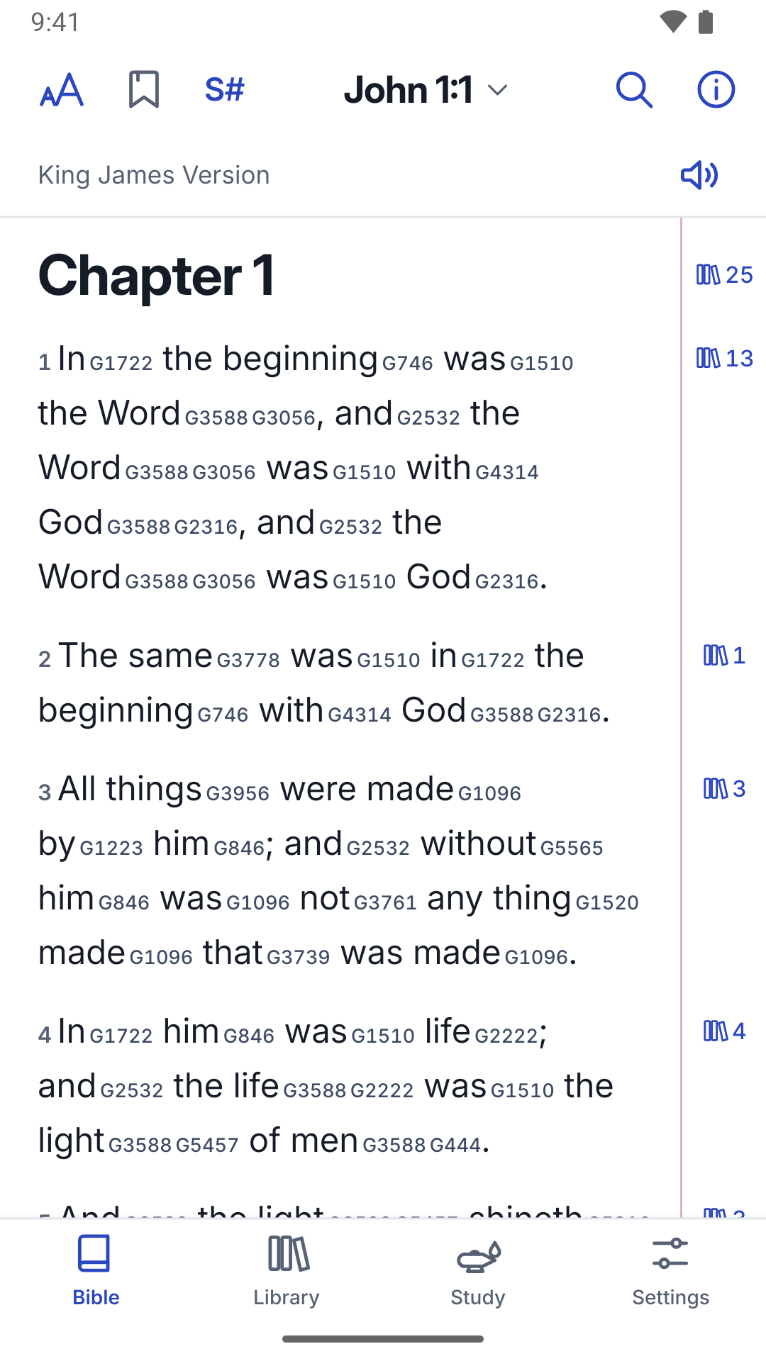 John 1 in the King James Version with Strong’s numbers and book marks in the margin